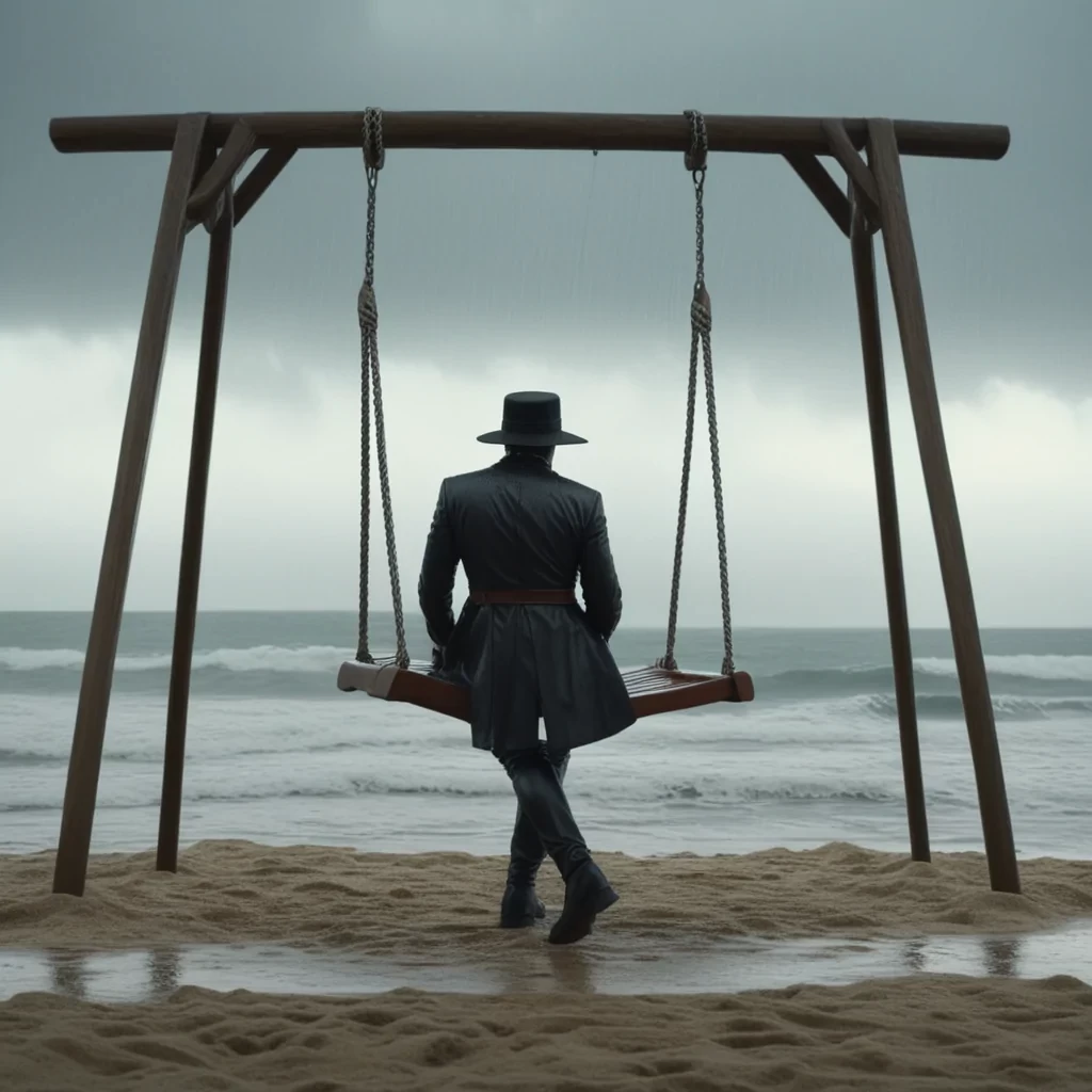 Swing on the beach, raining cloud above pouring on the swing