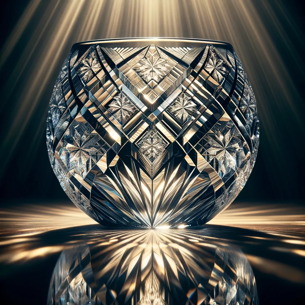 A single cut glass on a table. This piece of craftwork is made from crystal glass and engraved with geometric patterns. This distinguishing feature of the cut glass is it’s beautiful sparkle, created by the way light reflects and refracts off the pattern., Cinematic, Cinematic