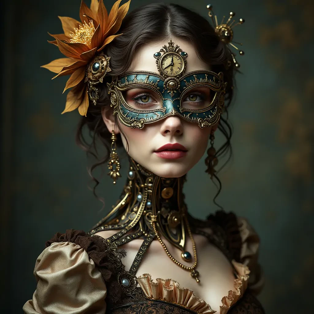 hyper realistic, gothic, steam punk fantasy image of a young woman whose body is made entirely of clockwork, dressed in French Versailles attire, she wears a masquerade mask that covers her face, Dramatic, Natural