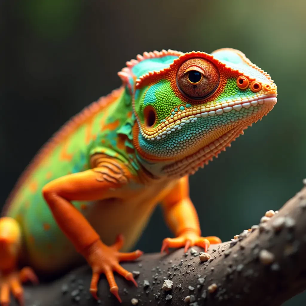 Chameleon lizard, realistic, ultra detailed, close up shot, 8k, Warm