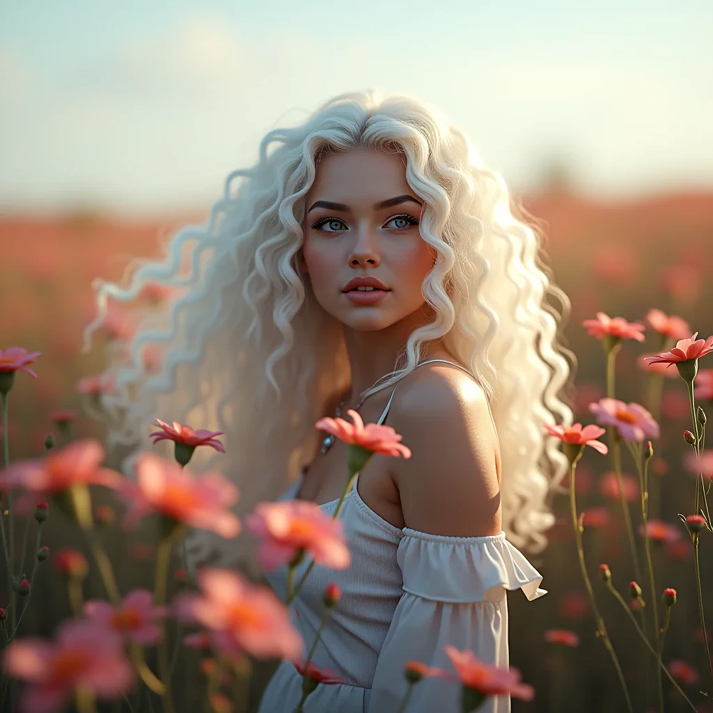 ( A (((digital art piece))) featuring a (((full-body photo))) of a (((woman with long, flowing white curly hair))), with her face and form blending seamlessly into a (((softly lit, fantastical flower field))), its intricate details and magical atmosphere extending the scene beyond the ordinary, 3D 2D