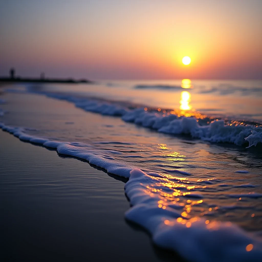 On the shore side, the (LED-lit waves) crash gently against the (translucent water), while in the distance, the (sun) sets gently on the (ocean surface), painting the entire scene in a soft, ethereal light that brings a sense of tranquility and magic