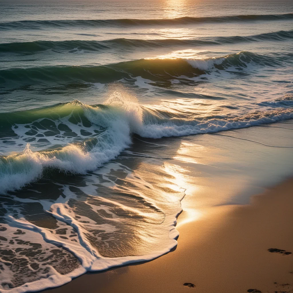 On the shore side, the (LED-lit waves) crash gently against the (translucent water), while in the distance, the (sun) sets gently on the (ocean surface), painting the entire scene in a soft, ethereal light that brings a sense of tranquility and magic