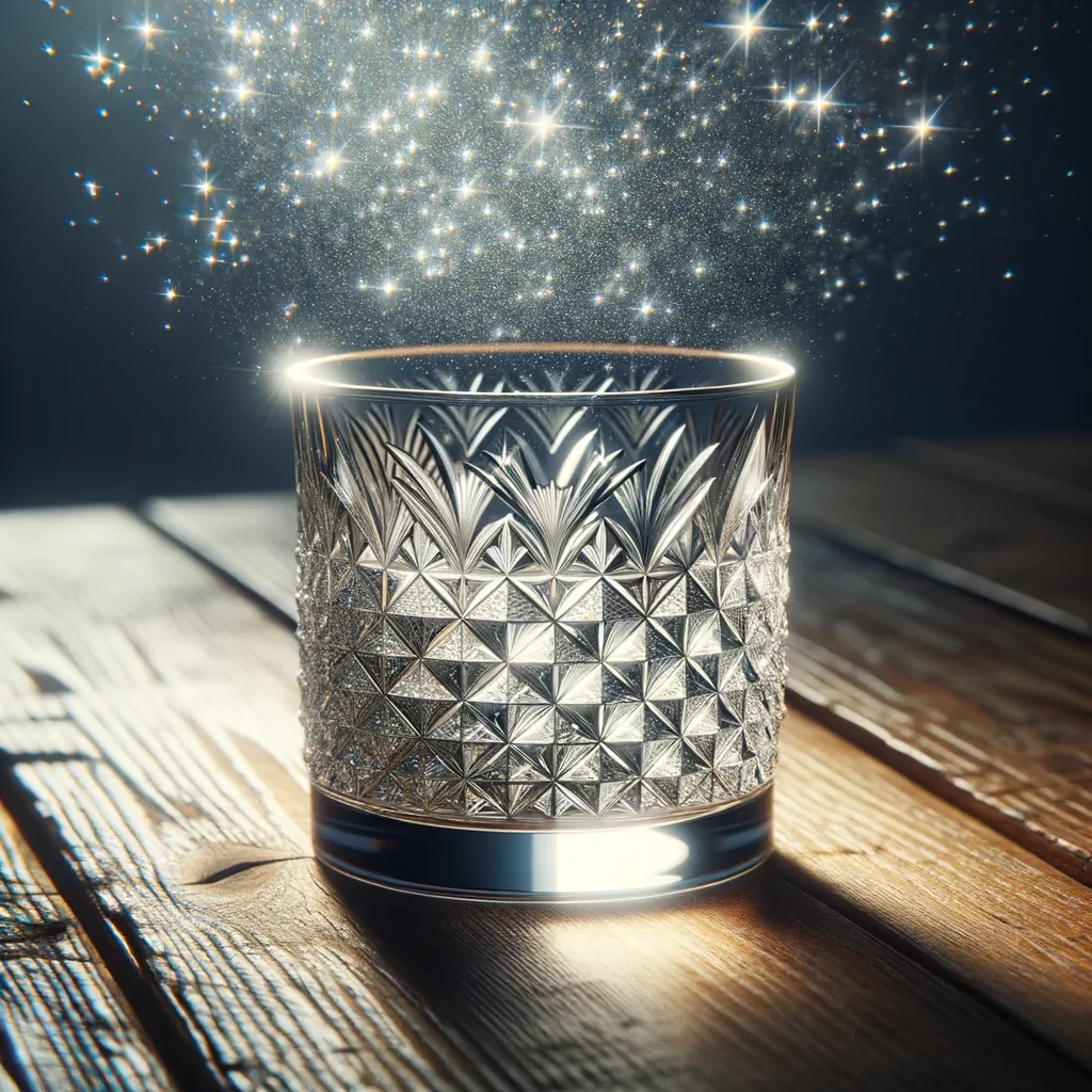 A single cut glass on a table. This piece of craftwork is made from crystal glass and engraved with geometric patterns. This distinguishing feature of the cut glass is it’s beautiful sparkle, created by the way light reflects and refracts off the pattern.