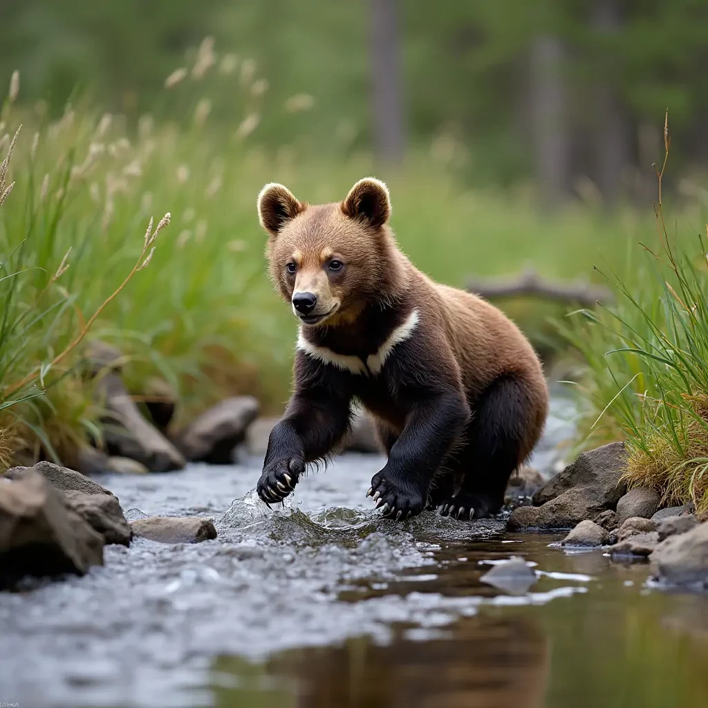 bear cub playing with water clear creek