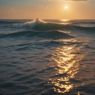 On the shore side, the (LED-lit waves) crash gently against the (translucent water), while in the distance, the (sun) sets gently on the (ocean surface), painting the entire scene in a soft, ethereal light that brings a sense of tranquility and magic