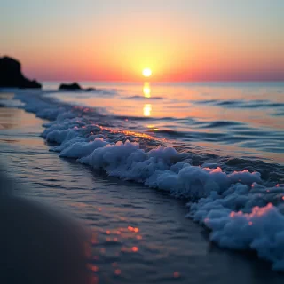 On the shore side, the (LED-lit waves) crash gently against the (translucent water), while in the distance, the (sun) sets gently on the (ocean surface), painting the entire scene in a soft, ethereal light that brings a sense of tranquility and magic