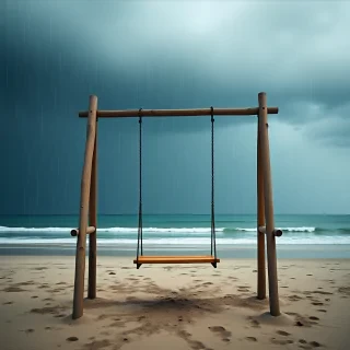 Swing on the beach, raining cloud above pouring on the swing, Cheerful