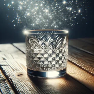 A single cut glass on a table. This piece of craftwork is made from crystal glass and engraved with geometric patterns. This distinguishing feature of the cut glass is it’s beautiful sparkle, created by the way light reflects and refracts off the pattern.