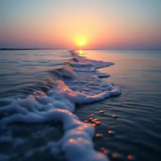 On the shore side, the (LED-lit waves) crash gently against the (translucent water), while in the distance, the (sun) sets gently on the (ocean surface), painting the entire scene in a soft, ethereal light that brings a sense of tranquility and magic