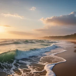 On the shore side, the (LED-lit waves) crash gently against the (translucent water), while in the distance, the (sun) sets gently on the (ocean surface), painting the entire scene in a soft, ethereal light that brings a sense of tranquility and magic
