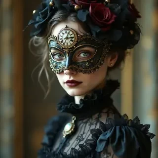 hyper realistic, gothic, steam punk fantasy image of a young woman whose body is made entirely of clockwork, dressed in French Versailles attire, she wears a masquerade mask that covers her face