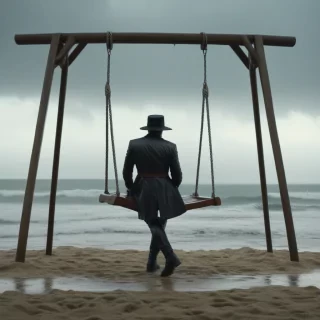 Swing on the beach, raining cloud above pouring on the swing